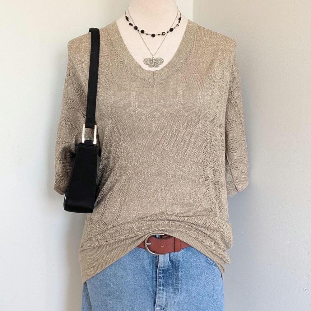 Y2K Glitter Knit Tunic Dress M Studio Y Metallic V Neck Stretch Pullover Top